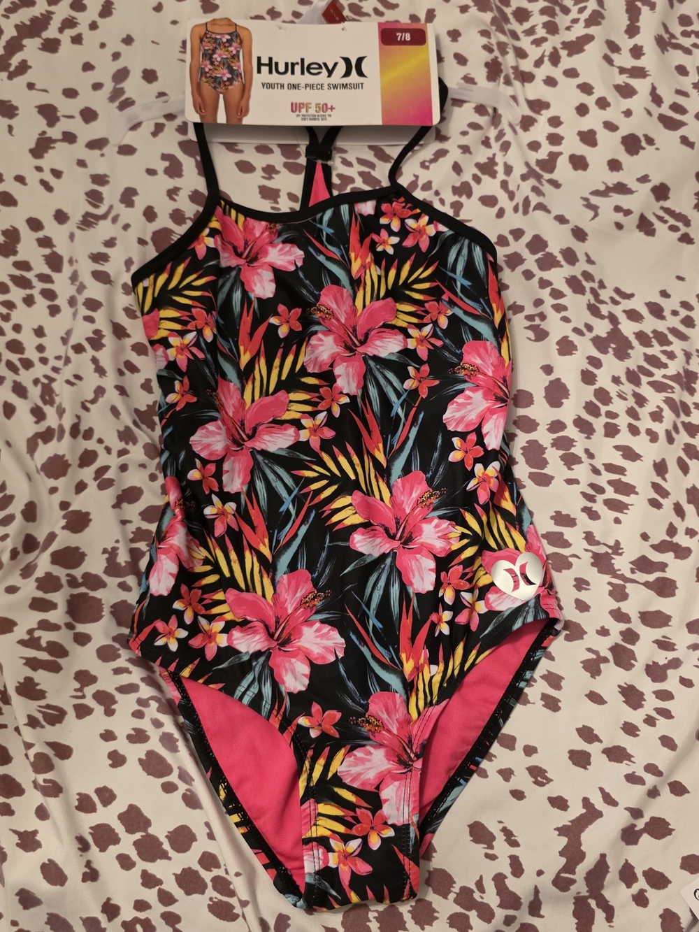 Hurley Black One-Piece Swimsuit with Pink Tropical Floral Print